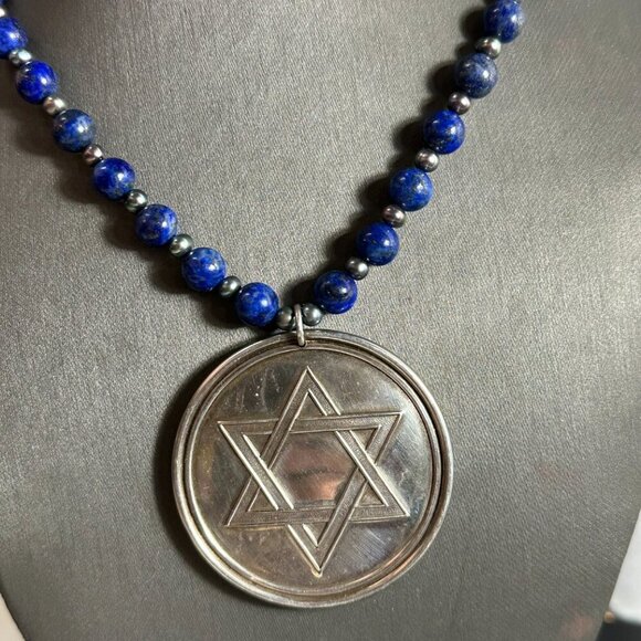 Star of David Menorah Sterling Silver Lapis Lazuli Necklace 925 Tahitian Pearls - Picture 7 of 8